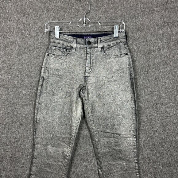 NYDJ Alina Legging Jeans Metallic Silver Size 2 Long Skinny Denim Womens Pants - Picture 4 of 13
